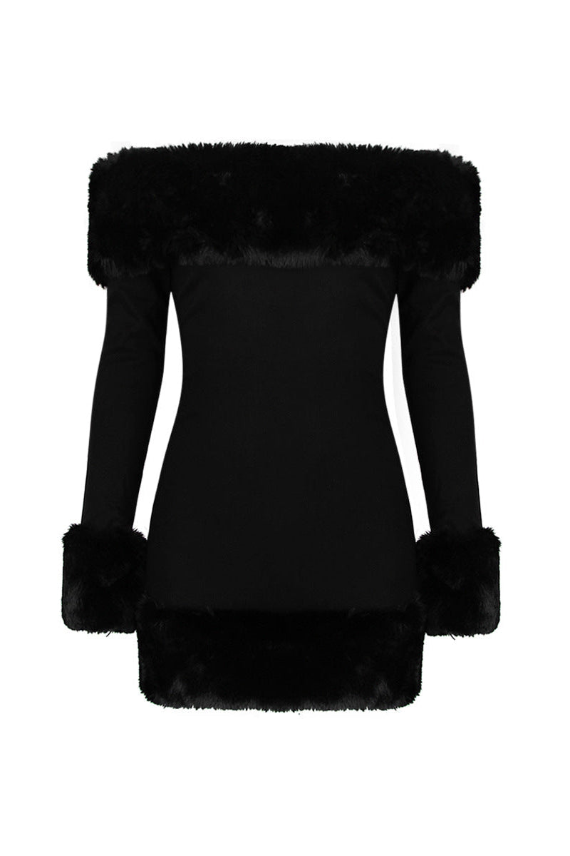 rita Black long-sleeve off-shoulder mini dress with fuzzy details Avalabel