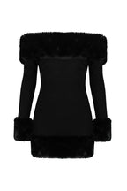 rita Black long-sleeve off-shoulder mini dress with fuzzy details Avalabel