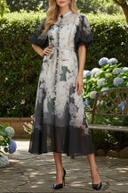 Pink Floral Print Mandarin Collar Chiffon Maxi Dress Avalabel