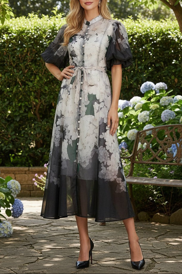 Pink Floral Print Mandarin Collar Chiffon Maxi Dress Avalabel
