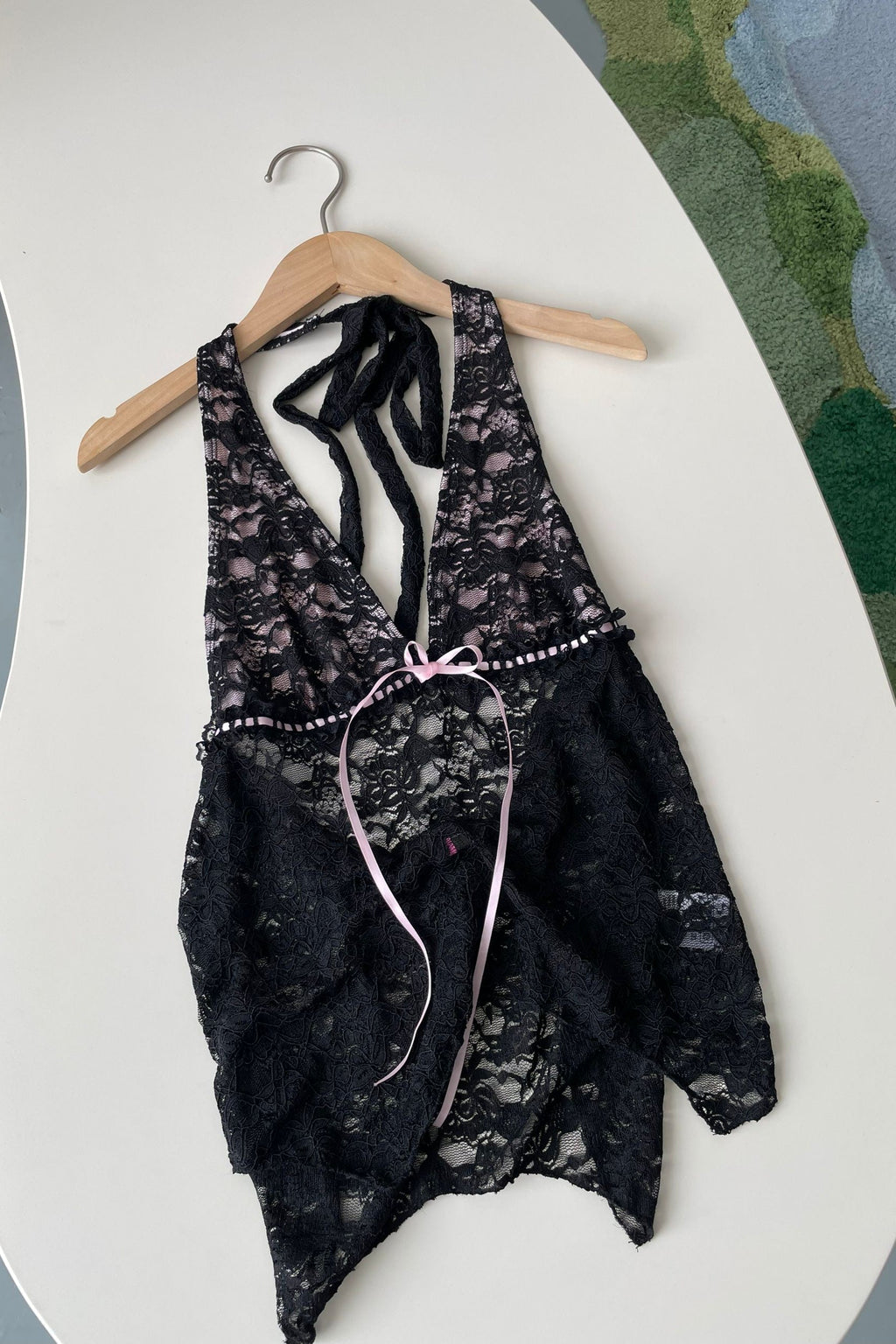 Backless Sheer Lace Halter Top in Black Avalabel