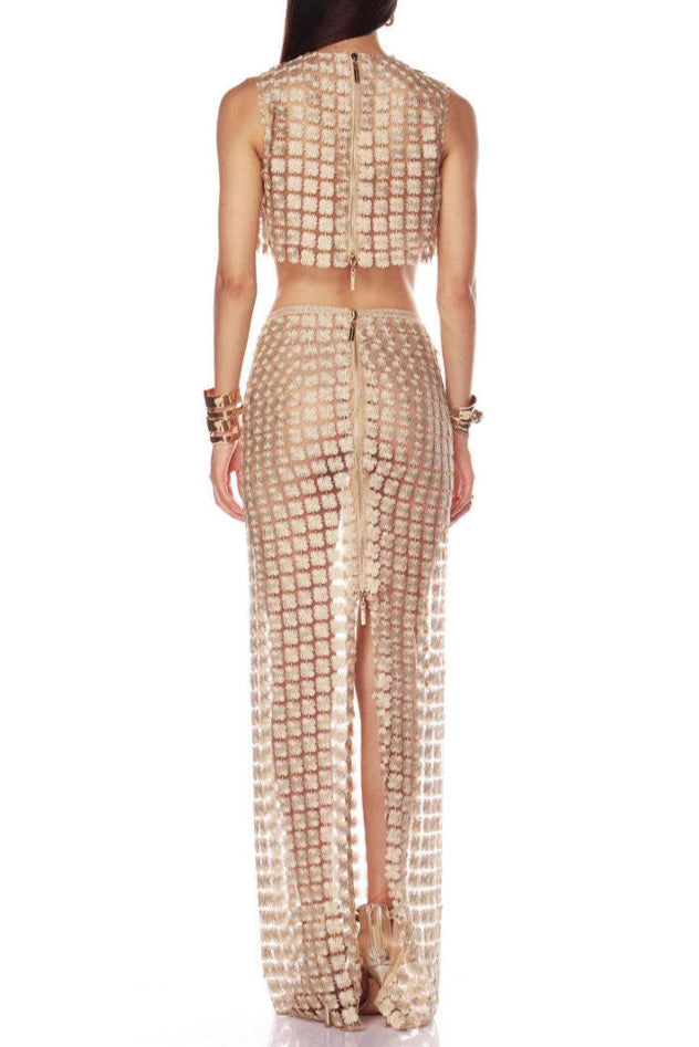 Apricot Sheer Plaid Fishtail Maxi Skirt Two Piece of Set