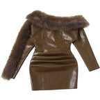 sibyl Leather fur collar asymmetrical mini dress in brown Avalabel