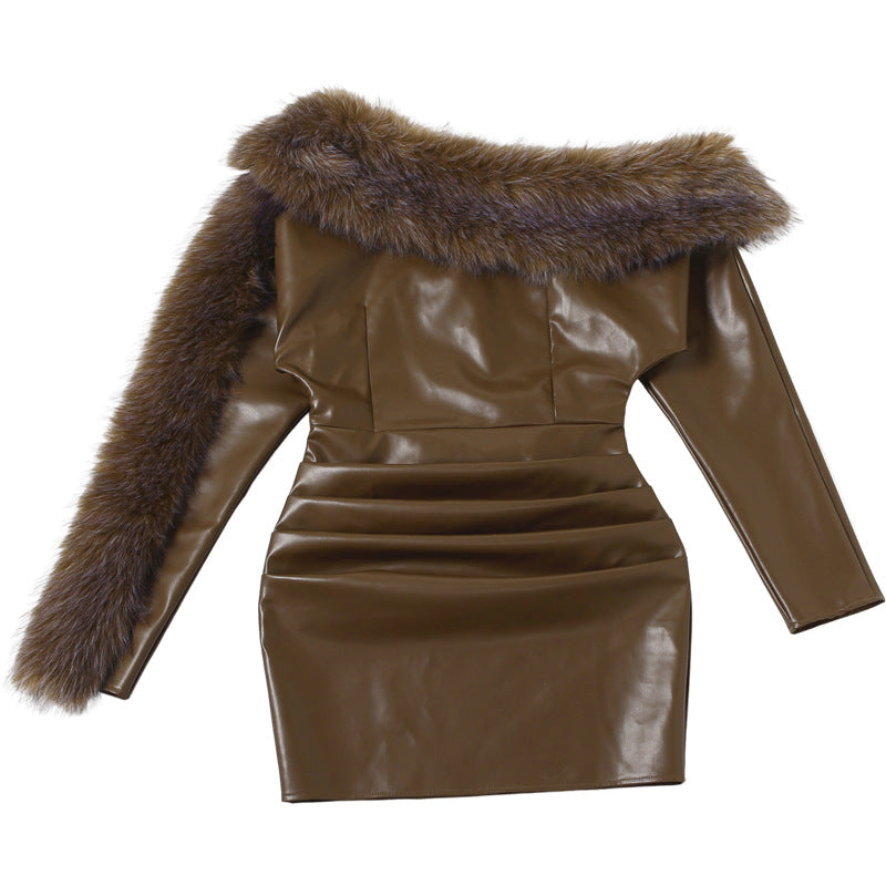 sibyl Leather fur collar asymmetrical mini dress in brown Avalabel