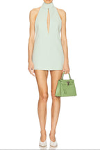 V-Neck Cutout Backless Crepe Halter Dress - Celadon Avalabel