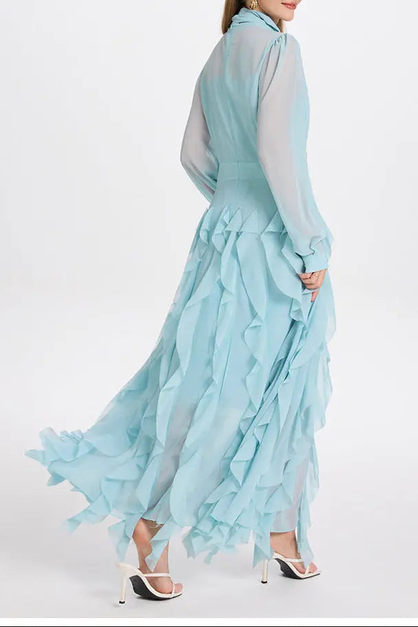bonnie blue Bow Neck Tiered Ruffle Maxi Dress Avalabel