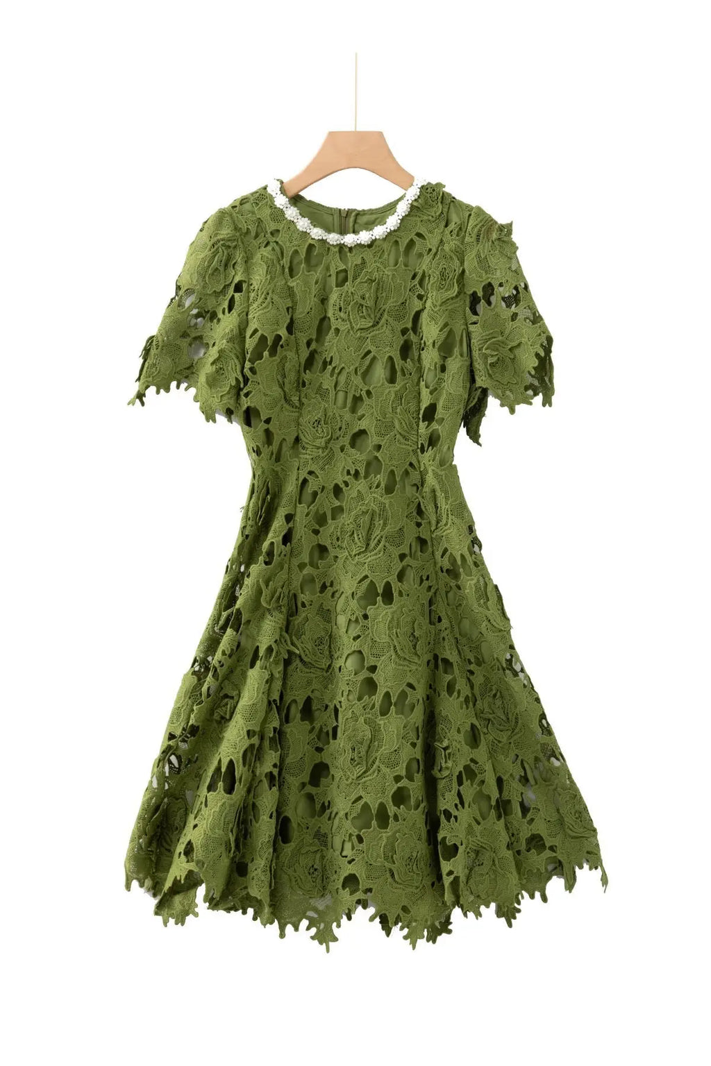 Sylvia Green Beaded Hollow Crochet Mini Dress Avalabel