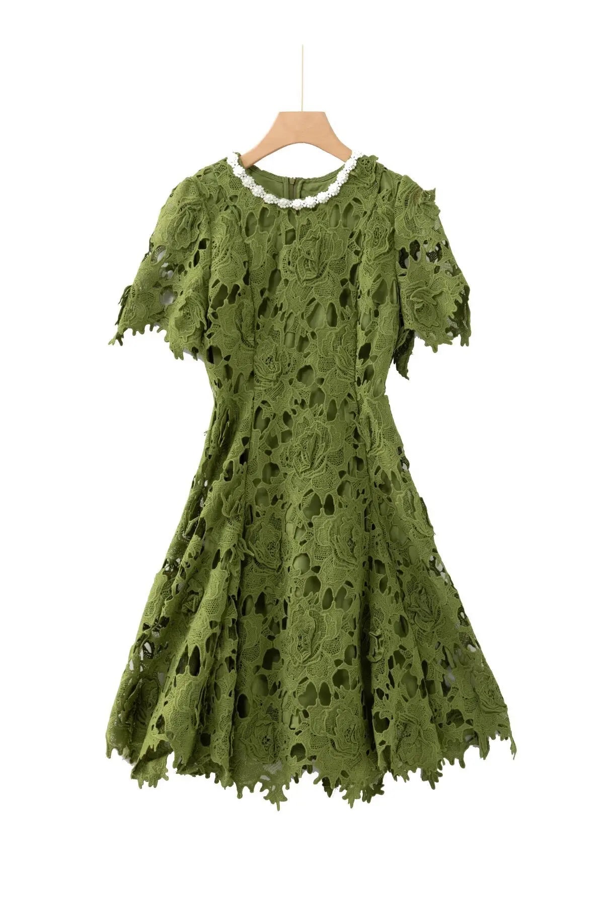Sylvia Green Beaded Hollow Crochet Mini Dress Avalabel