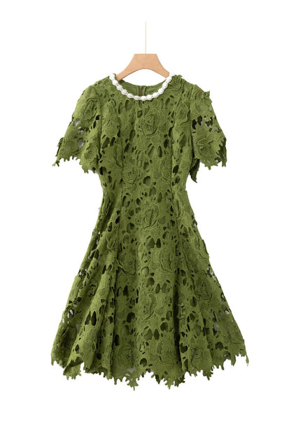 Sylvia Green Beaded Hollow Crochet Mini Dress