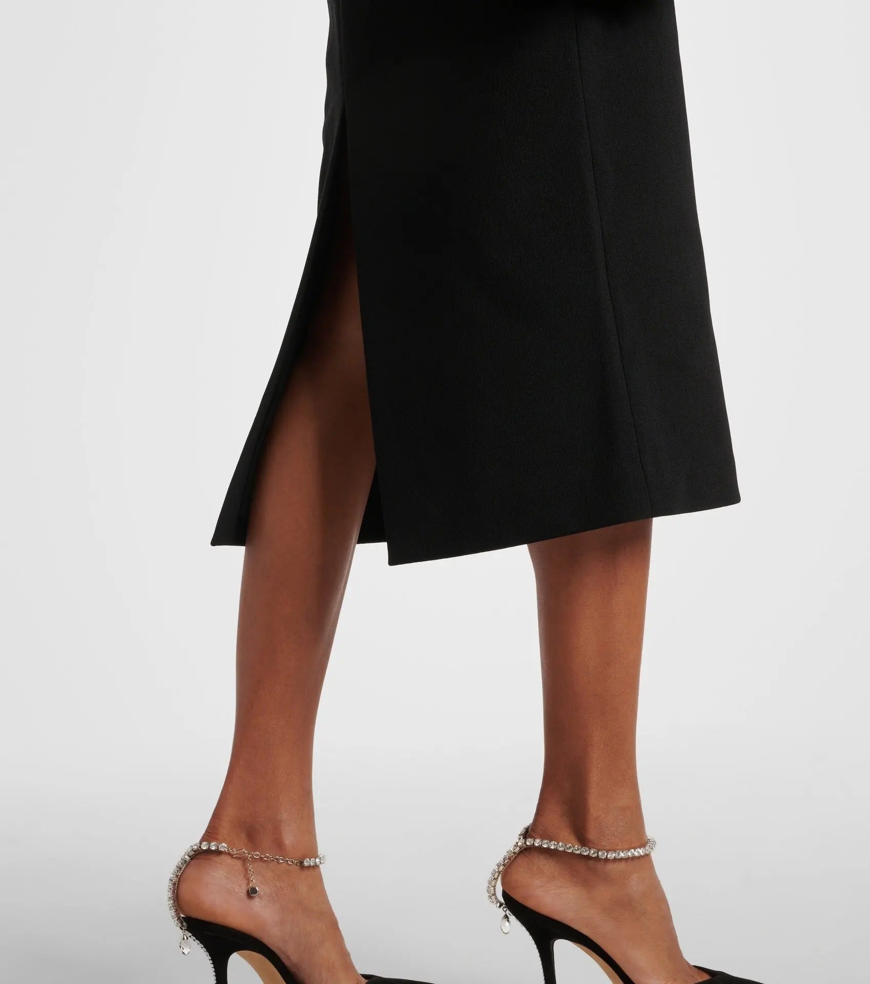 blanche ruffle crepe midi dress in black Avalabel