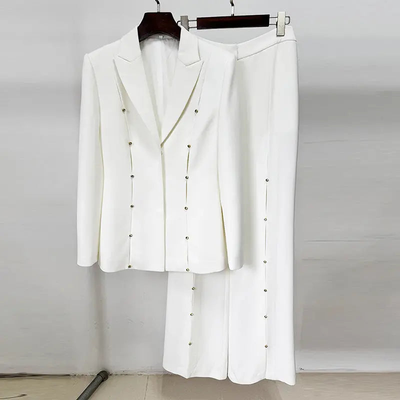 theresa diamond studded hollow out blazer set in white Avalabel