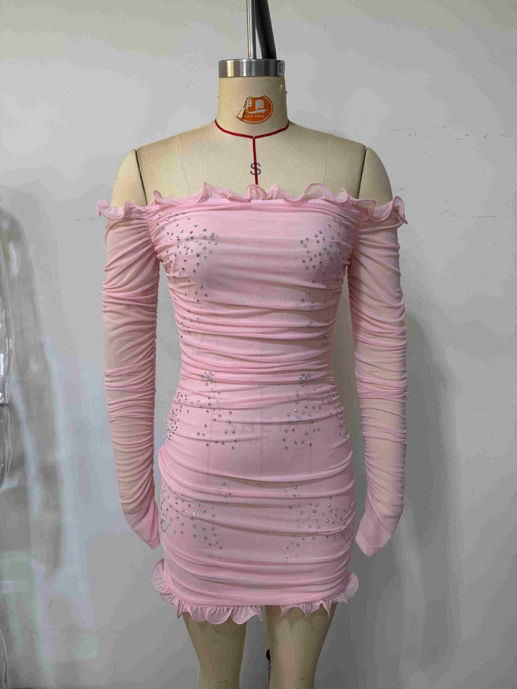 xaviera Pink Off-Shoulder Bodycon Beads mini Dress Avalabel