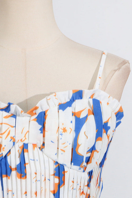 Pleated Floral-Print Linen Bustier Top Skirt Set in Blue Avalabel