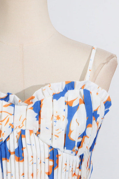Pleated Floral-Print Linen Bustier Top Skirt Set in Blue