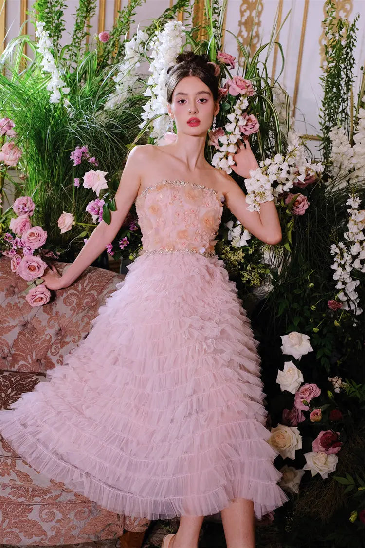 Pink Princess layer ruffle midi floral Embroidery strapless Dress Avalabel