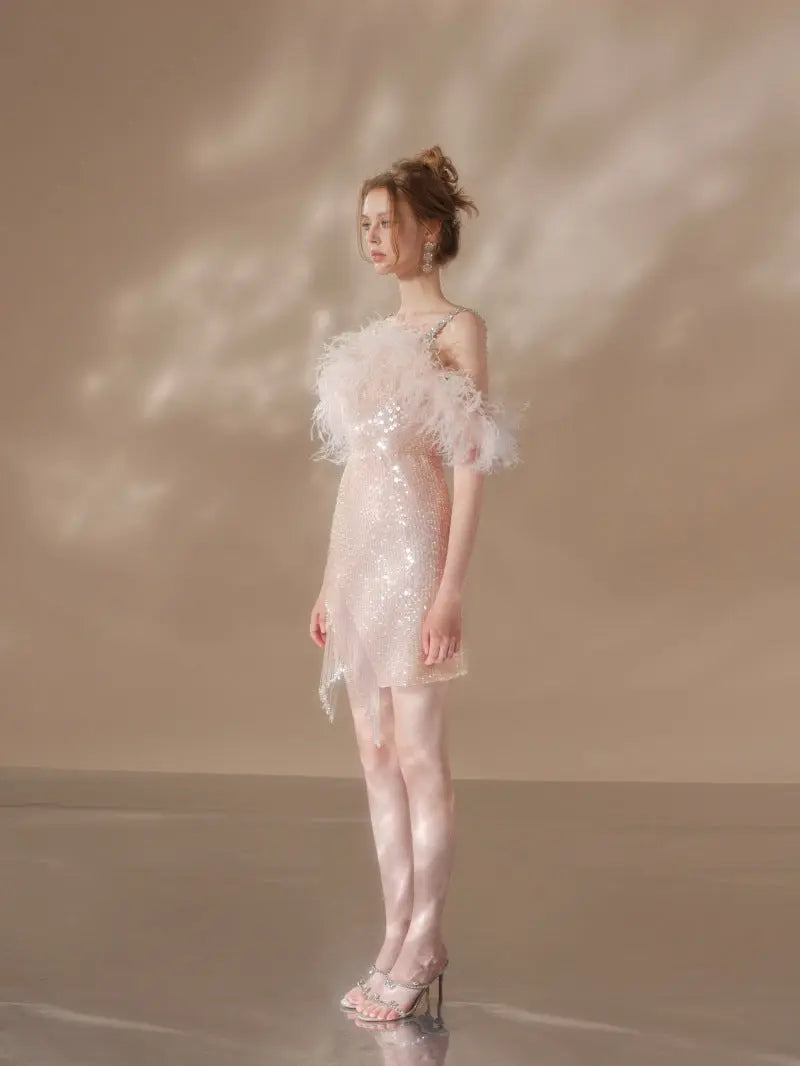priscilla sequin feather crystal-strap mini dress in pink Avalabel