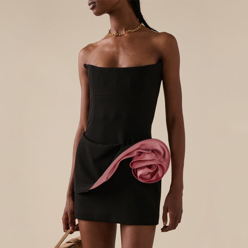 Darlene Strapless Floral Mini Dress in Black Avalabel