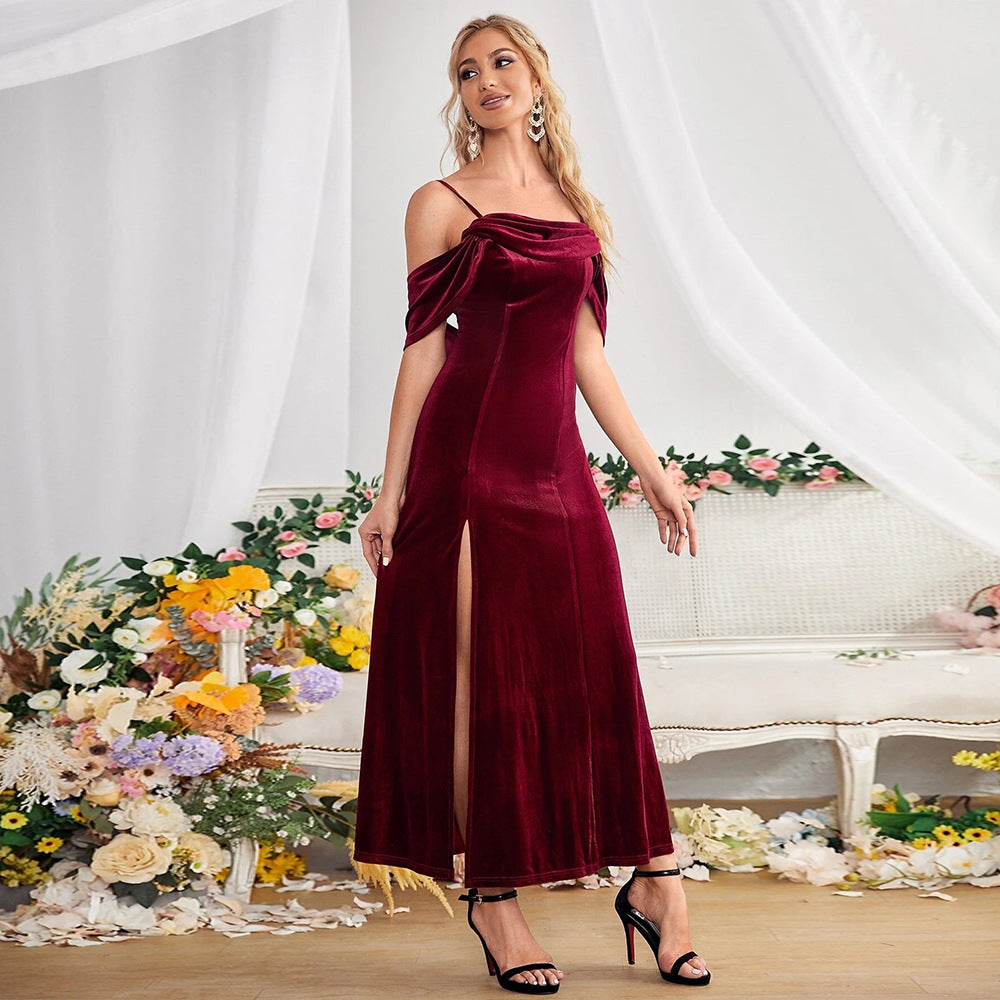 Slit Velvet Off-Shoulder Spaghetti Strap Dress Avalabel