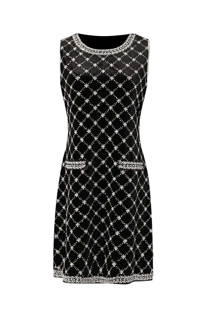 amanda Black-white plaid diamond sleeveless mini dress Avalabel