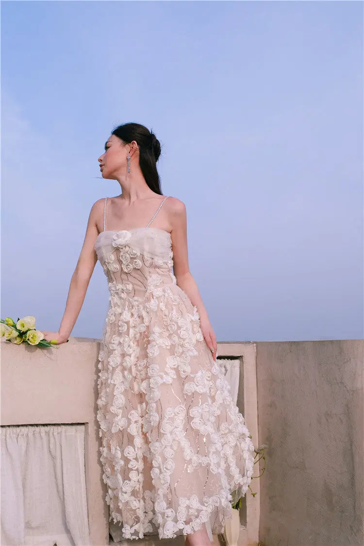 Leah White/Beige Sleeveless  Flower Dress Avalabel