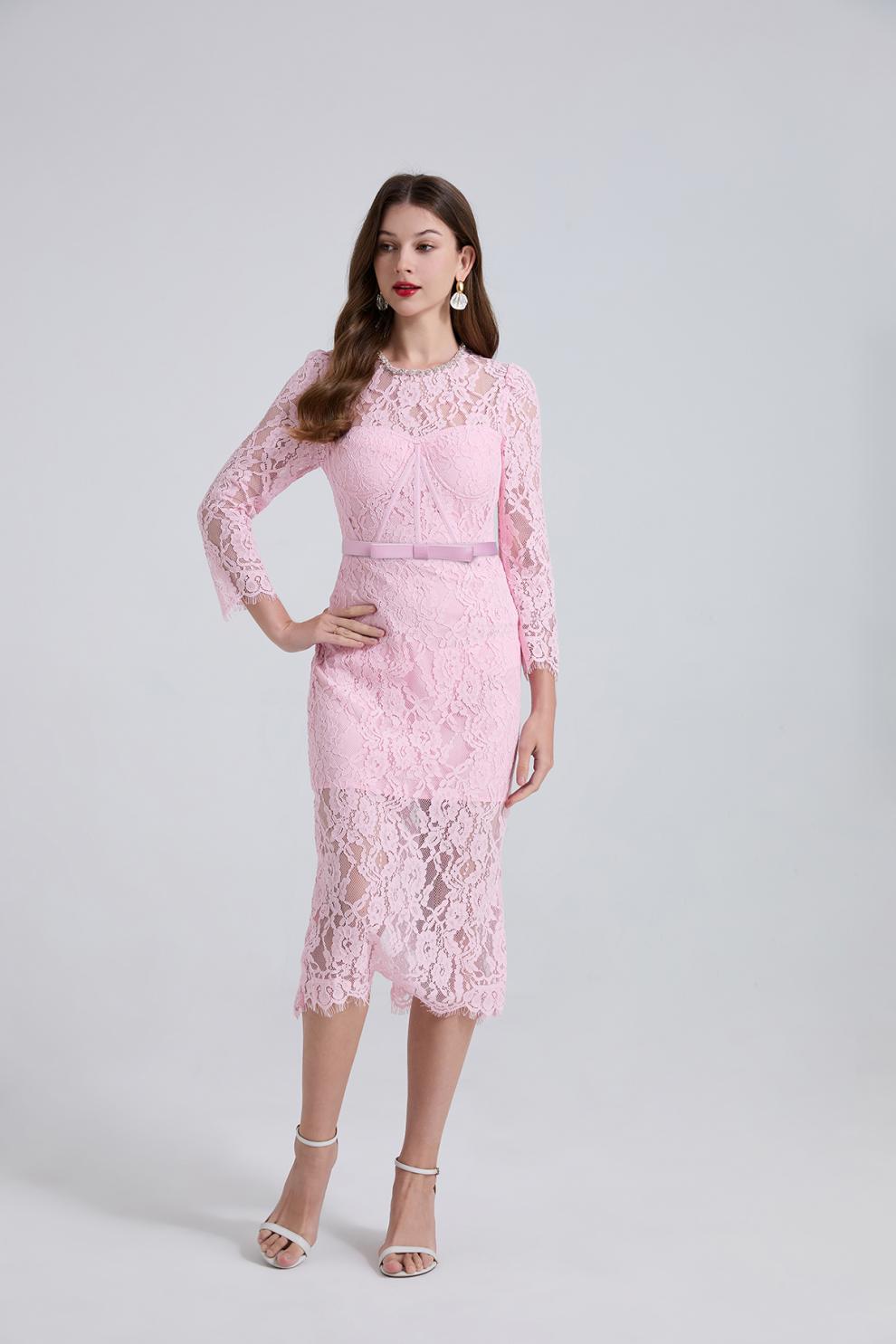 Bernice Rhinestone Fishbone Lace Midi Dress in Pink Avalabel
