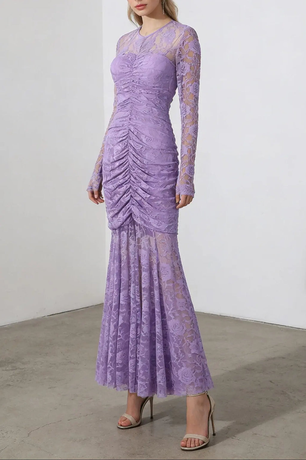 penny lace  hollow ruched bodycon long sleeve maxi dress in purple Avalabel
