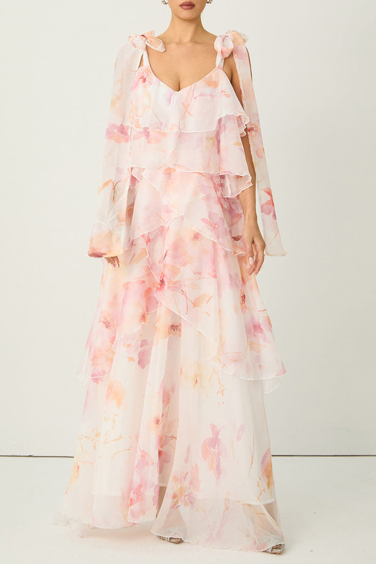 Beverly V-Neck Spaghetti Strap Chiffon Maxi Dress - Pink Avalabel
