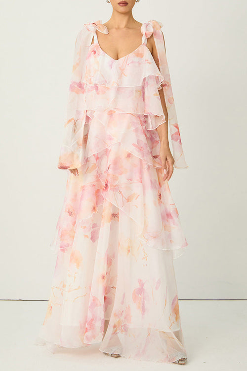 Beverly V-Neck Spaghetti Strap Chiffon Maxi Dress - Pink Avalabel