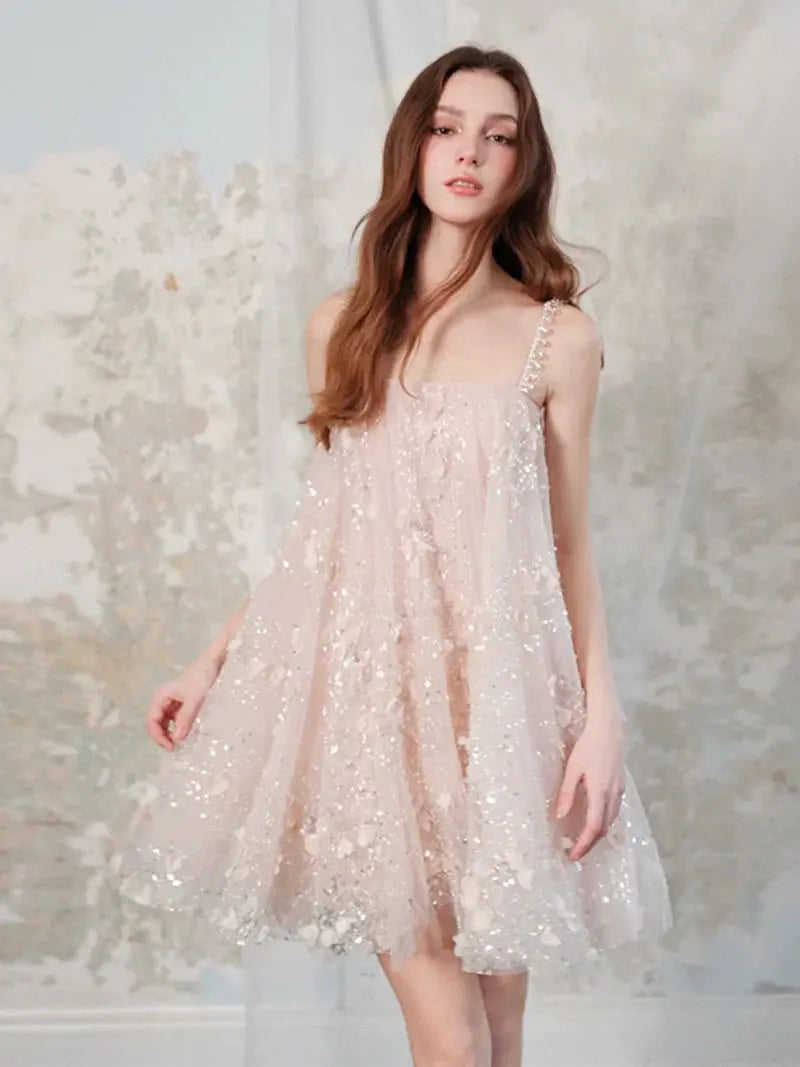 Zola Pink Flower Embroidered Loose doll Party Dress Avalabel