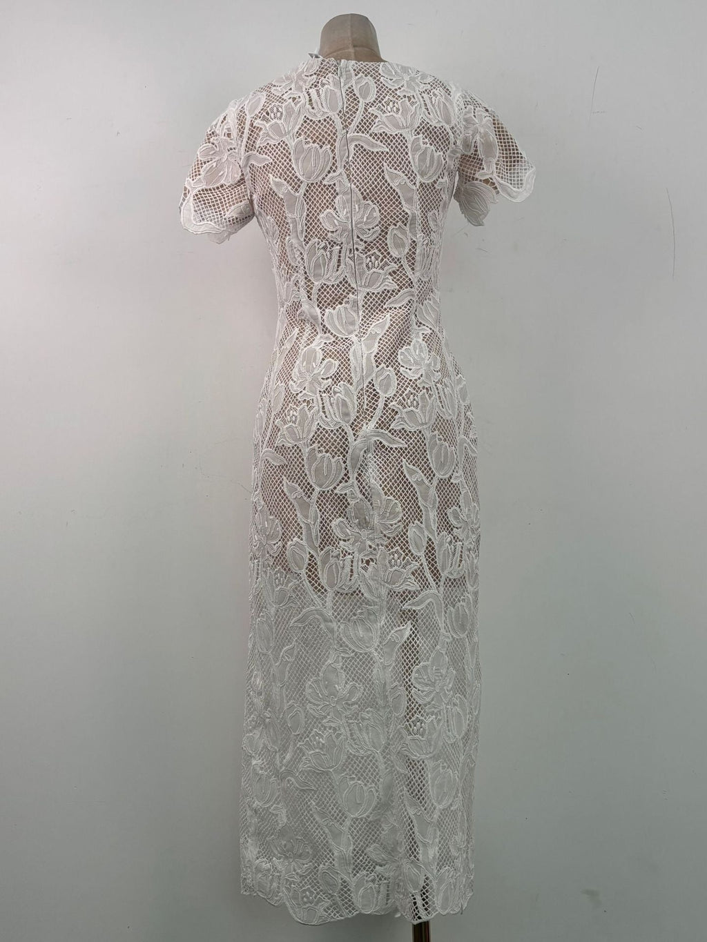 Phoenix Floral Applique Hollow Lace Midi Dress - White Avalabel
