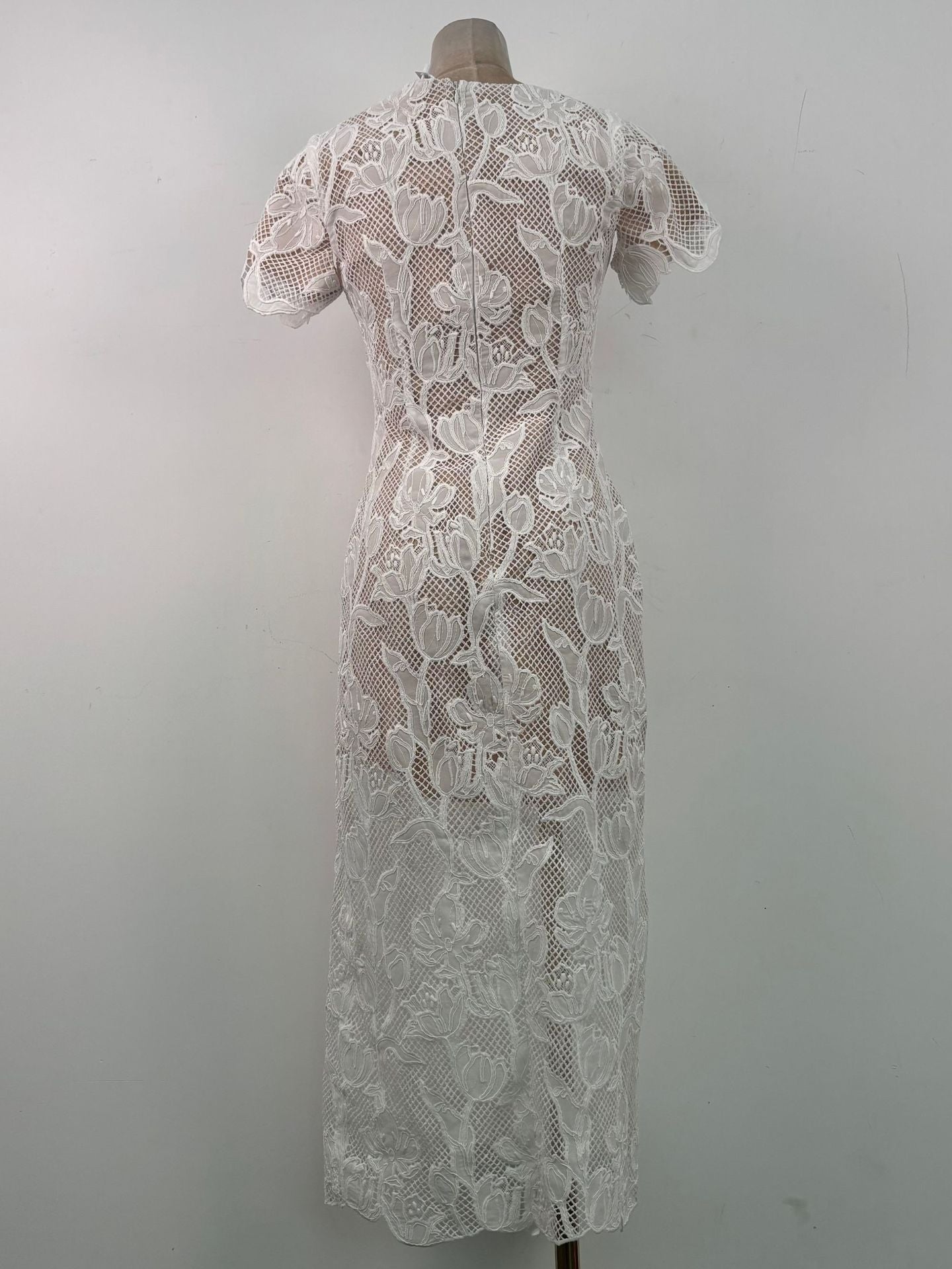 Phoenix Floral Applique Hollow Lace Midi Dress - White Avalabel