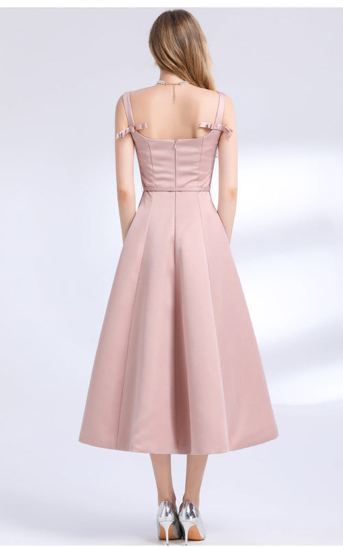 Amelia Square Neck Satin Slip Midi Dress - Pink Avalabel