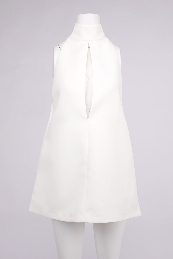 V-Neck Cutout Backless Crepe Halter Dress - White Avalabel