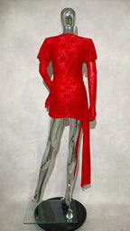 Dariel Floral Jacquard Cutout Draped Mini Dress - Red Avalabel