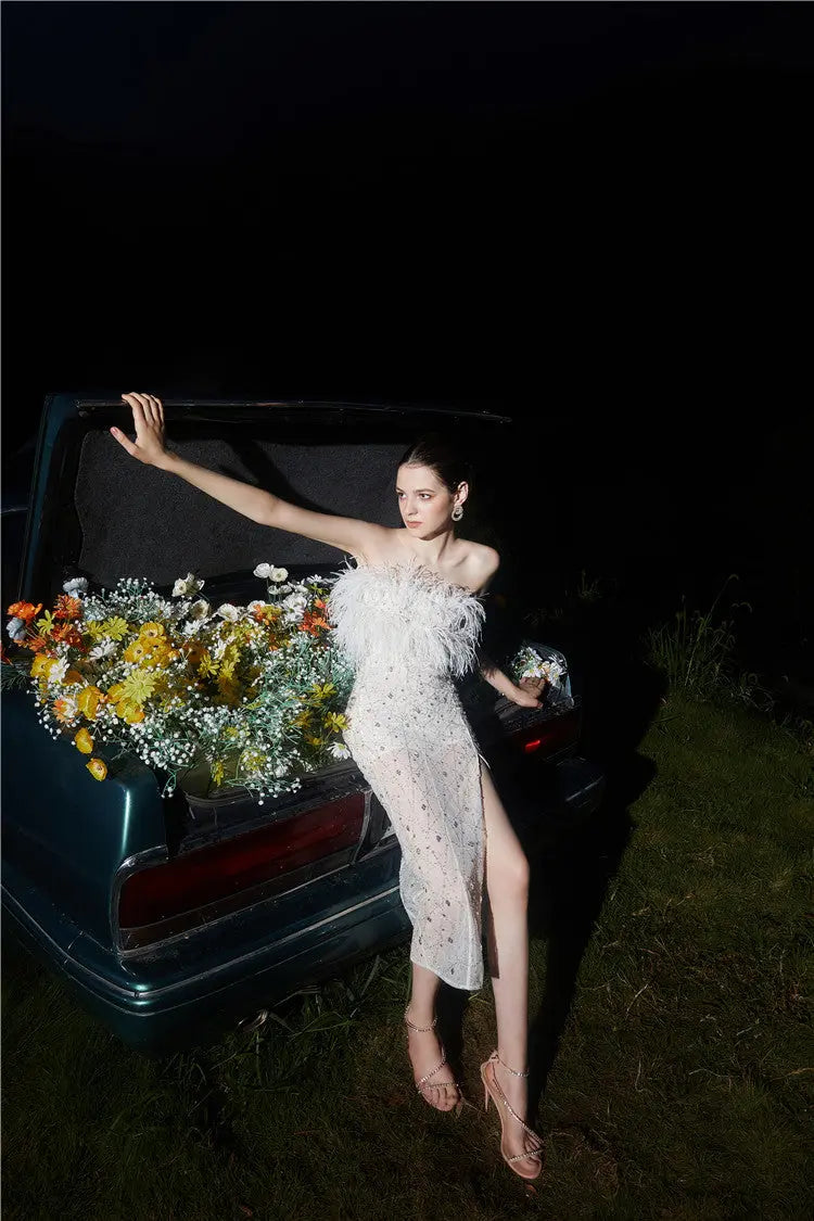 Masa White Haute Couture Feather Sequin Dress Avalabel