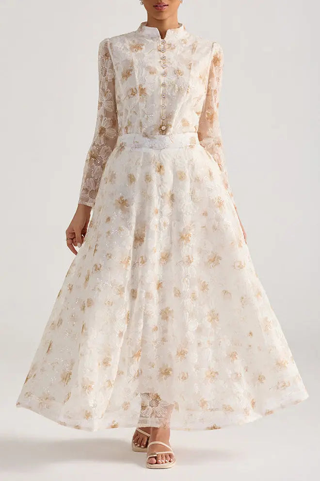 Rebecca Yellow Floral Embroidered Long-Sleeve Top Skirt Set Avalabel