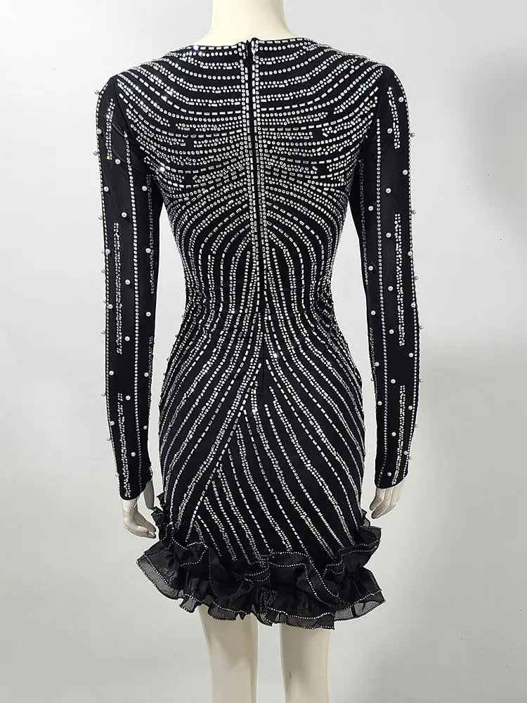 jenny Black Crystal Embellished Flutter Trim Mini Dress Avalabel