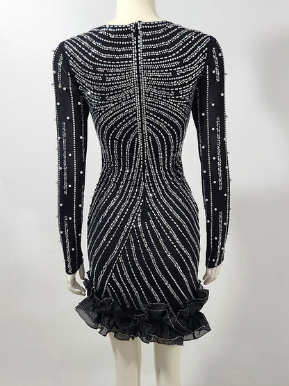 jenny Black Crystal Embellished Flutter Trim Mini Dress