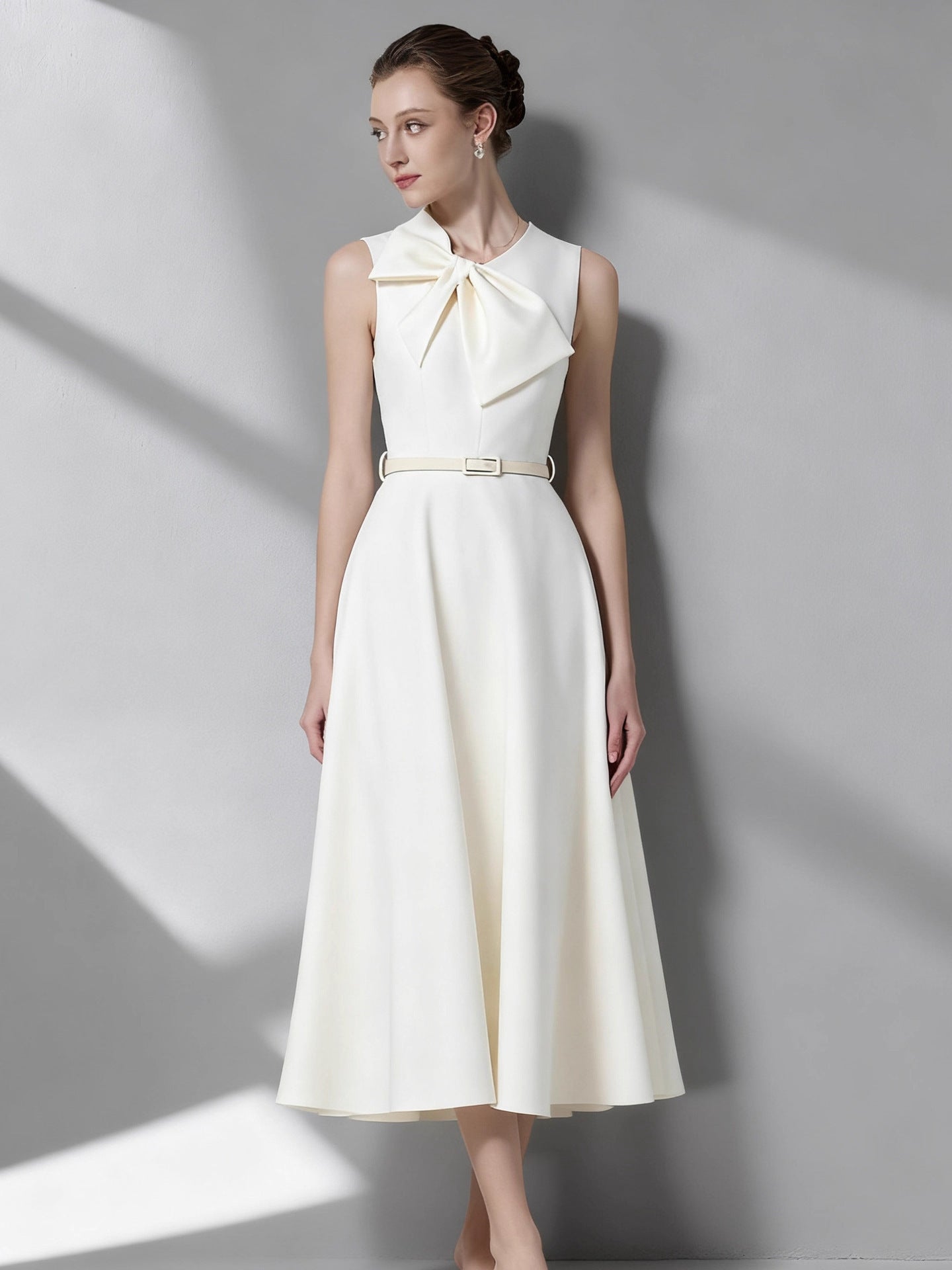 Irregular Bow A-line Midi Dress with Belt Avalabel