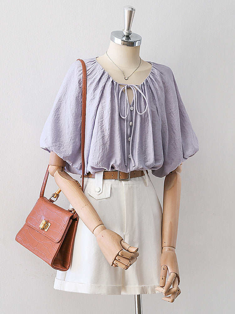 Gathered Drawstring Neck Dolman Batwing Short Sleeve Blouse poava