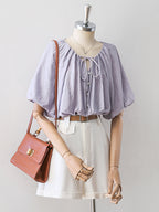 Gathered Drawstring Neck Dolman Batwing Short Sleeve Blouse poava