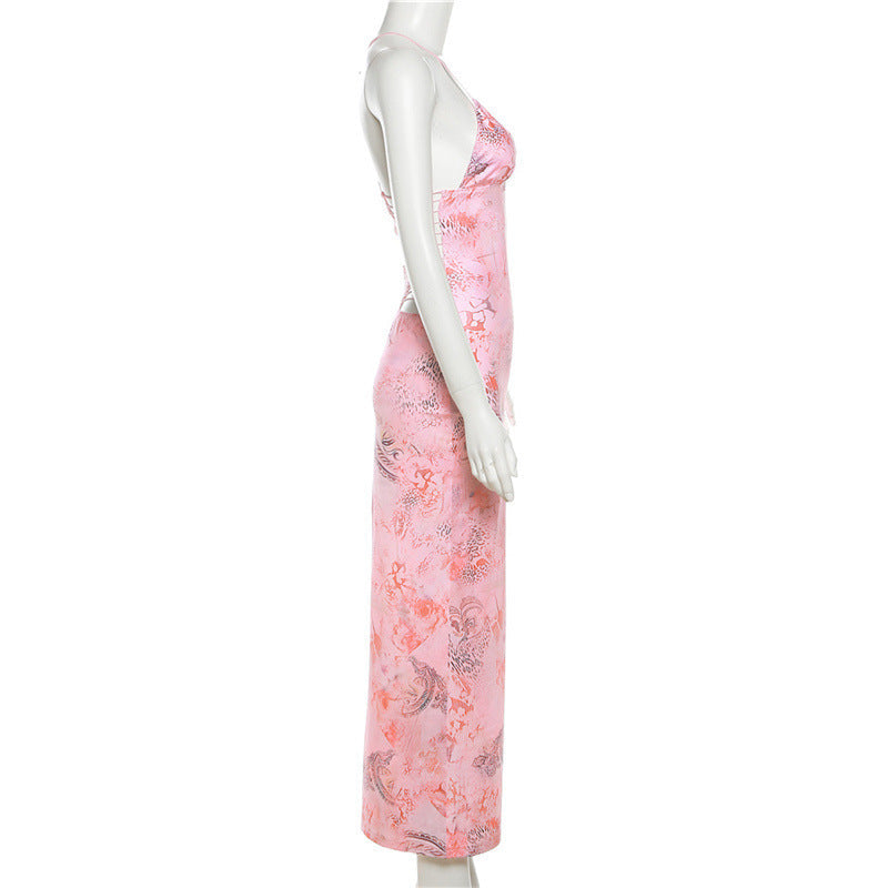 Printed Strappy Butterfly Backless Plunge Sheath Slip Maxi Dress Avalabel