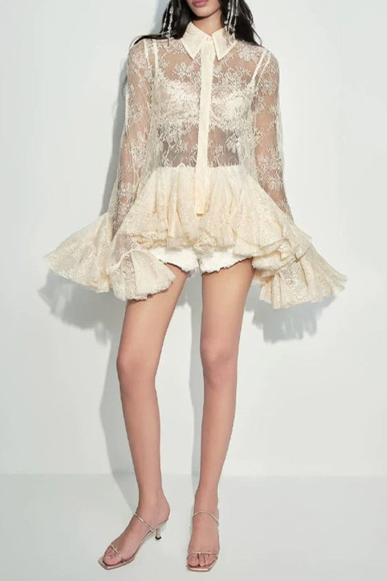 Apricot Mesh Lace Ruffled Trumpet Sleeve Shirt Dress Shorts Set Soraya