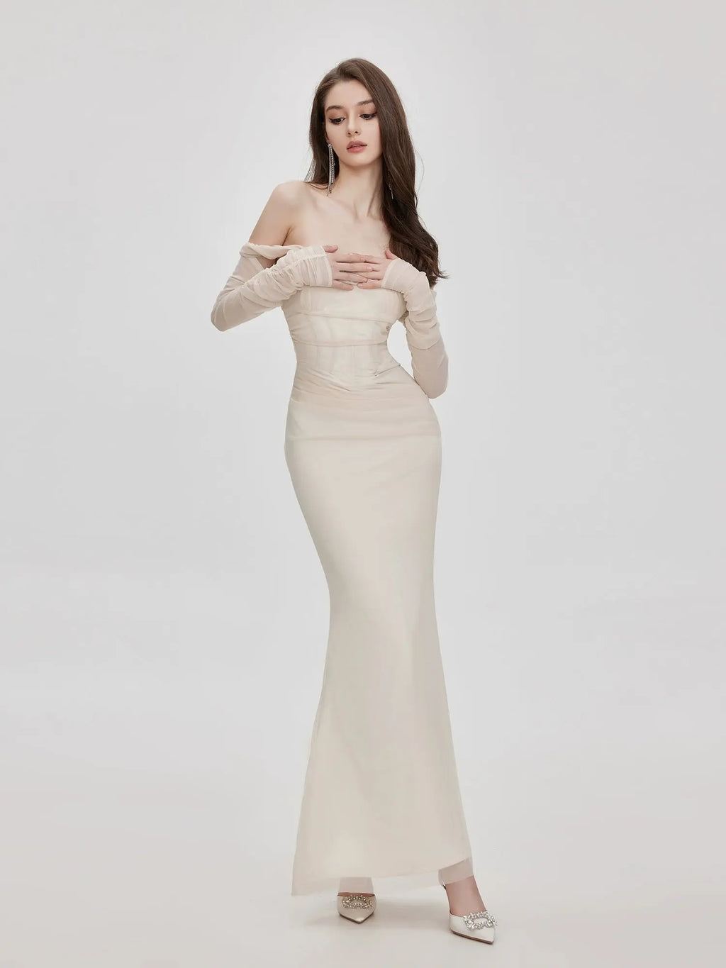 Ariel Apricot Mesh Off-Shoulder Mermaid Maxi Dress Avalabel