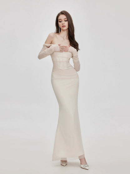 Ariel Apricot Mesh Off-Shoulder Mermaid Maxi Dress