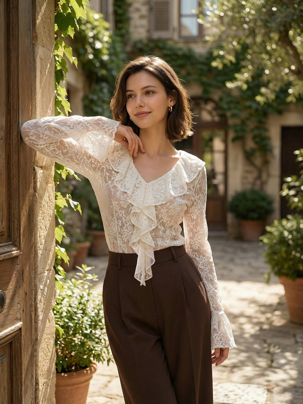 Lace Hollow Flared Sleeve Top Avalabel