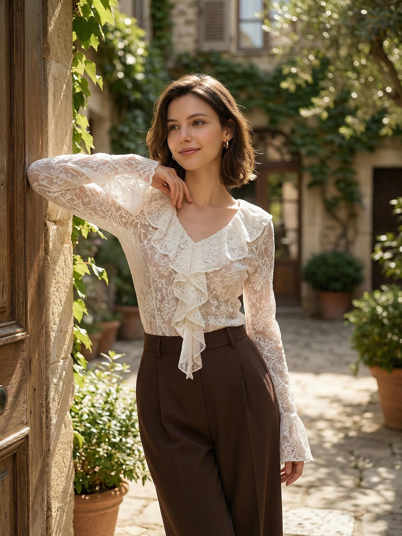 Lace Hollow Flared Sleeve Top Avalabel
