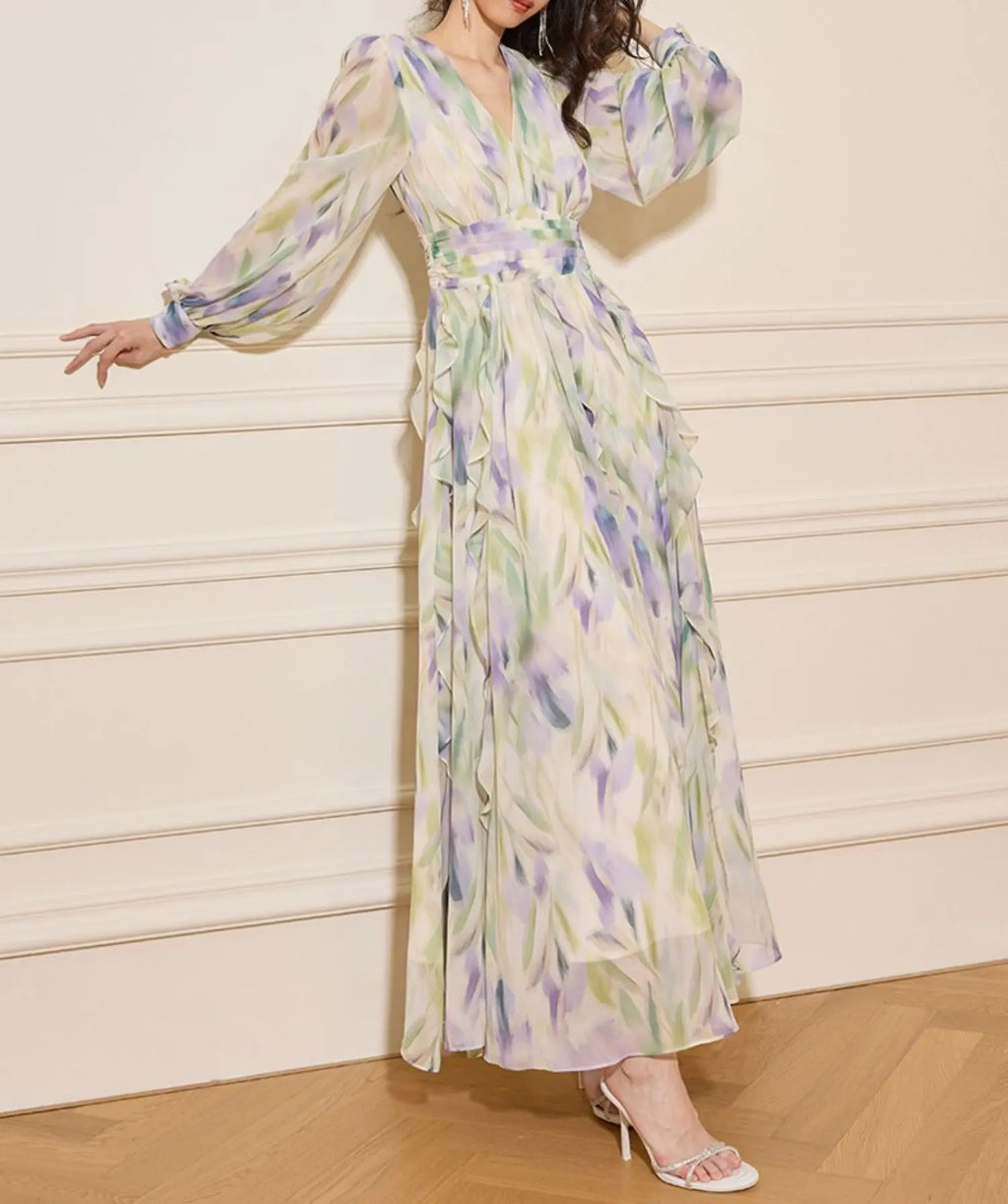 rachel multicolor v-neck floral print lantern sleeve maxi dress Avalabel