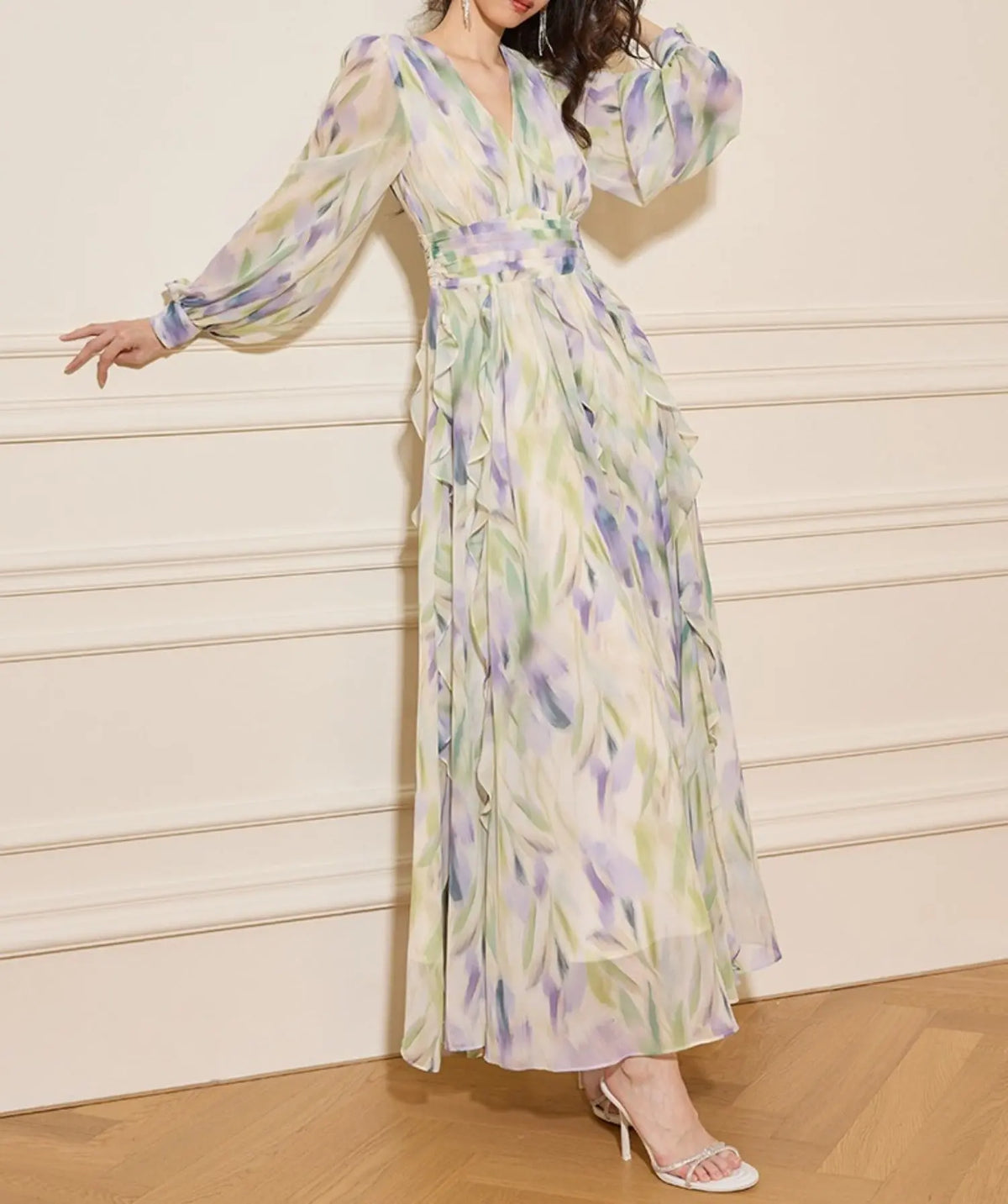 rachel multicolor v-neck floral print lantern sleeve maxi dress Avalabel