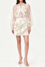Floral Appliqué Sheer Organza Blouse & Mini Skirt Set - White Avalabel